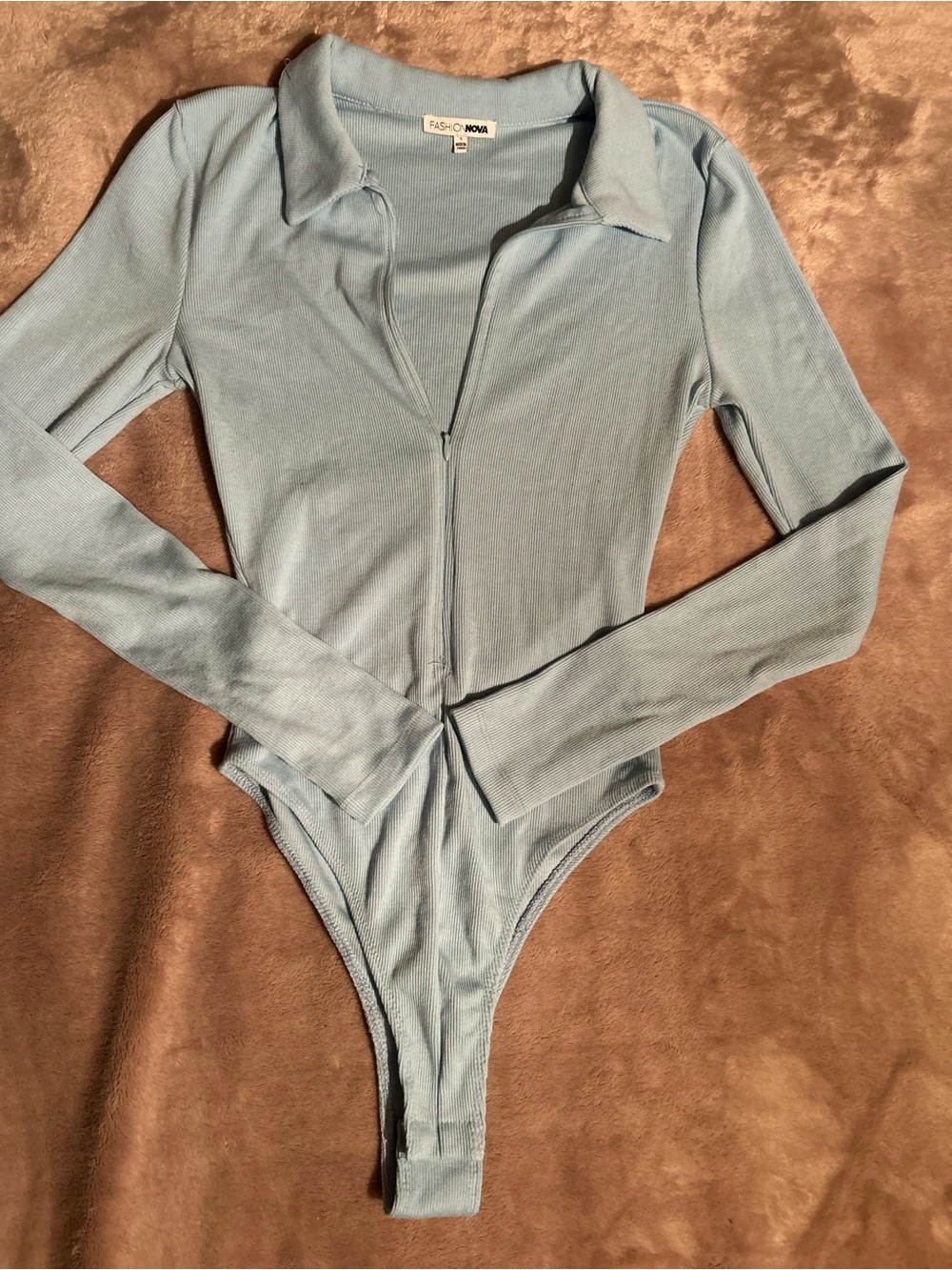 Fashion Nova Pale Blue Ribbed Zip-Front Kids Bodysuit